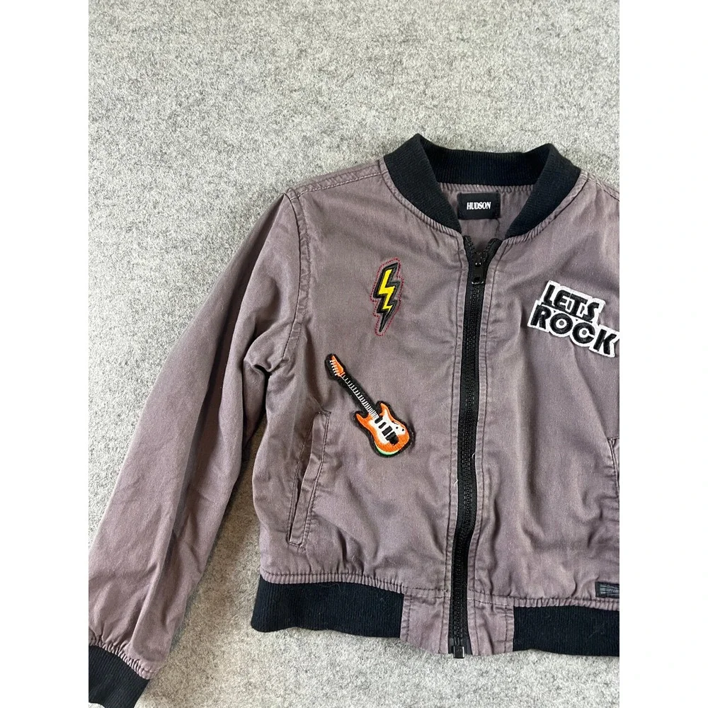 Hudson Kids Gray Rock and Roll Patch Bomber Jacket Size 5 Full Zip Cotton Coat